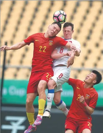  ?? XINHUA ?? Team China striker Yu Dabao goes up for a header during Monday’s 4-1 loss to the Czech Republic in the third-place playoff of the China Cup in Nanning, Guangxi Zhuang autonomous region. Two lopsided losses to European powerhouse­s in the tournament...