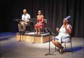  ??  ?? A staged reading of “Fall with Me” by Jared Eberlein took top prize at FutureFest 2019. Pictured (from left) are Justin Lampkins as JJ Johnston, Bryana Bentley as his wife Bithiah and Tia Seay as Delia.