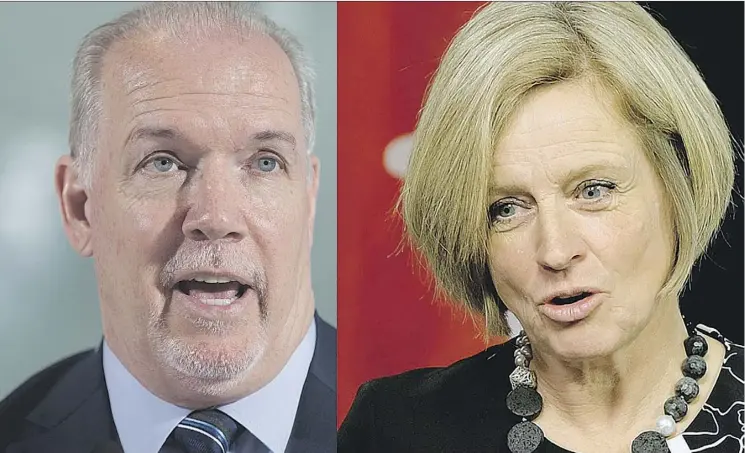  ??  ?? “It’s not the government’s intention to respond in any way to the provocatio­n,” says B.C. Premier John Horgan. “B.C.’s campaign to stop Alberta from exporting our energy products is wrong,” says Premier Rachel Notley. “And it requires a clear and...