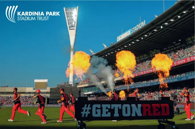  ?? ?? Top: The Renegades run through flames on to the field during the Big Bash League match at GMHBA Stadium in 2019.