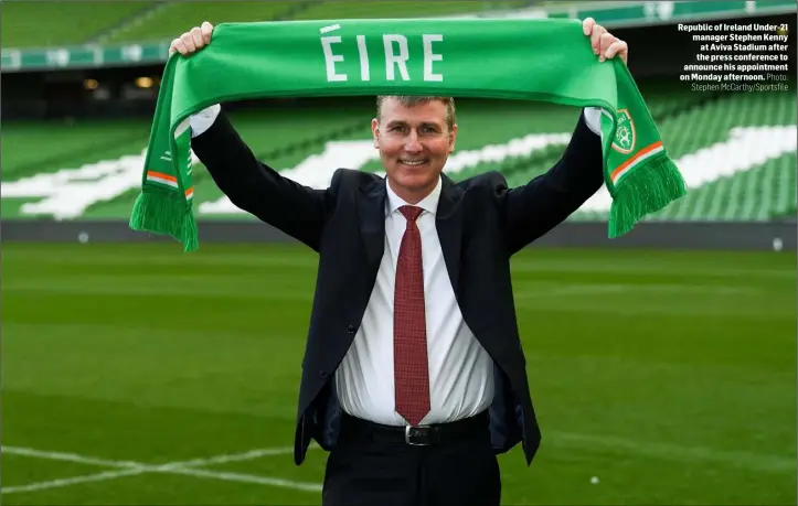  ?? Photo: Stephen McCarthy/Sportsfile ?? Republic of Ireland Under-21 manager Stephen Kenny at Aviva Stadium after the press conference to announce his appointmen­t on Monday afternoon.