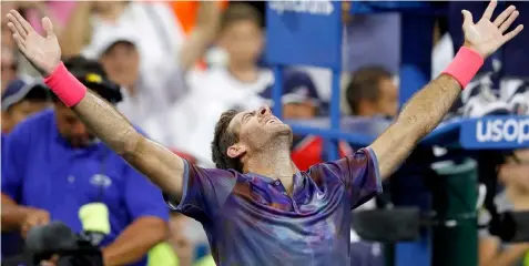  ?? (AP) ?? Juan Martin del Potro, of Argentina, celebrates after defeating Dominic Thiem, of Austria, during the fourth round of the US Open tennis tournament, Monday, Sept. 4, 2017, in New York.