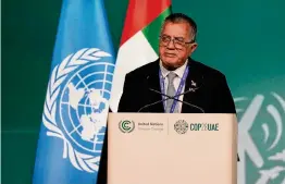  ?? Kamran Jebreili/Associated Press ?? John M. Silk, Marshall Islands natural resources and commerce minister, blasts a tepid draft agreement proposed at the COP28 summit.