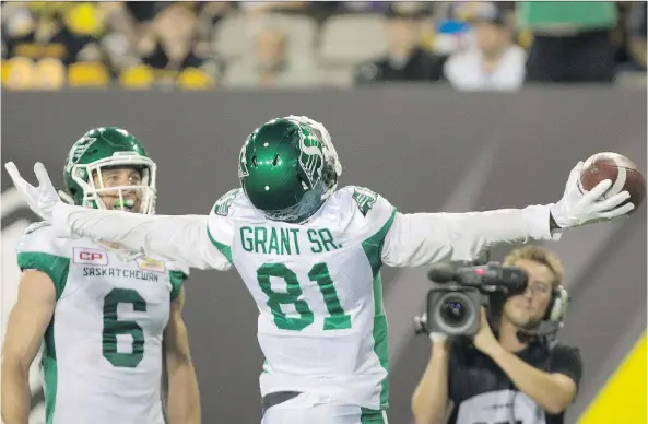  ?? PETER POWER/THE CANADIAN PRESS ?? Bakari Grant and the rest of the Saskatchew­an Roughrider­s receivers have been the most consistent unit on the team so far this season.