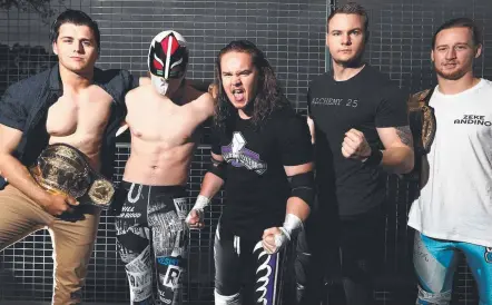  ?? Picture: JASON O’BRIEN ?? Impact Pro Wrestling has seen a surge in interest on the Gold Coast and faces of the emerging generation (from left) Jesse Love, LFB, Luxford, CJ and Zeek Andino at Ashmore PCYC.