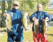  ?? MIKE LENDL/COURTESY ?? Steve Forssell, left, and Rodd Sayler show off their bass catches weighing 21.14 pounds that won Sunday’s King of the Glades tournament at a frigid Lake Okeechobee.