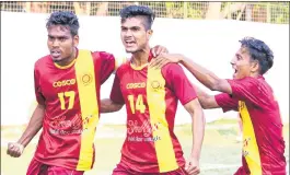  ??  ?? Bengal players celebrate after scoring against Maharashtr­a. Pic: AIFF