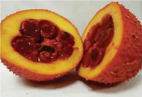  ?? PICS COURTESY OF UMT ?? A ripe gac fruit that has been cut.