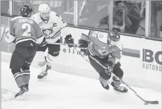  ?? Photo by Byron Hackett/ Red Deer Advocate ?? Lethbridge Hurricanes forward Matt Alfaro steals the puck from Red Deer Rebel Adam Musil during game six of the best-of-seven series in Red Deer on Sunday night.