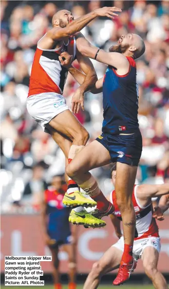  ?? Picture: AFL Photos ?? Melbourne skipper Max Gawn was injured competing against Paddy Ryder of the Saints on Sunday.
