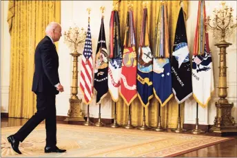  ?? Demetrius Freeman / The Washington Post ?? President Joe Biden leaves the East Room after delivering remarks on the Afghanista­n drawdown last week.