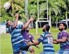  ?? Picture: JONA KONATACI ?? Danudanu and Covenant Brothers players tussle for the ball during the Rewa Rugby Union 10s at the Buckhurst ground in Suva yesterday.