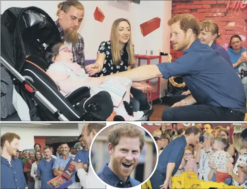  ?? PICTURES: TONY JOHNSON/SCOTT MERRYLEES. ?? ALL SMILES: Above, Prince Harry chats to the parents of Audrey Frantzich, Herman and Louise, at Leeds Children’s Hospital at the Clarendon Wing of the LGI; left, the Prince is presented with a ‘Harry-Mix’ at the Haribo factory in Castleford; centre, at...