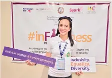  ??  ?? #inFAIRness. Dabawenyos join the nationwide call for gender equality through the regional launch of #inFAIRness, a campaign supported by Investing in Women. Clare Duffield puts a sticker on a jeepney in support of the #inFAIRness campaign.
