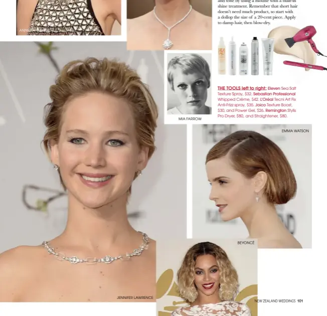  ??  ?? JenniFer laWrenCe
mia FarroW
the tOOLS left to right: eleven Sea Salt texture Spray, $32. sebastian profession­al Whipped Crème, $42. l’oréal tecni art Fix anti-Frizz spray, $35. Joico texture boost, $30, and Power gel, $26. remington Stylis Pro...