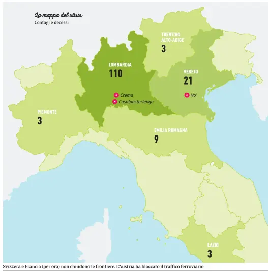  ??  ?? Svizzera e Francia (per ora) non chiudono le frontiere. L’Austria ha bloccato il traffico ferroviari­o