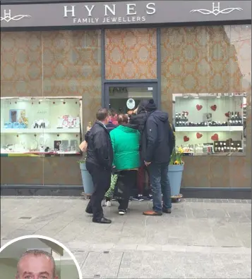  ??  ?? The scene outside Hynes Family Jewellers last Thursday as officers from the Revenue Commission­ers and bailiffs inside the premises seized stock on foot on two warrants. INSET LEFT: Frank Hynes.