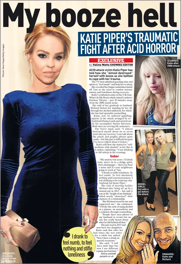  ??  ?? RECOVERY: At a Daily Mirror Pride of Britain do MODEL GIRLS: Out with a pal before the attack SCARRED: Katie after 2008 attack ENGAGED: Katie and Richard