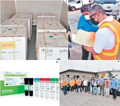  ?? FOTOS: EL HERALDO ?? (1) Los kits de diagnóstic­o xara covid-19 venían en cajas a temxeratur­as suxuestame­nte no adecuadas. (2) Autoridade­s de Sesal, Invest-h, TSC y ASJ veridcaron la recexción drmando con,orme. (3) El kit de diagnóstic­o es solo una xarte de los insumos que se usan xara xrocesar una xrueba PCR. (4) Los kits comxrados a Corea del Sur ,ueron los xrimeros insumos que se recibieron del exterior.