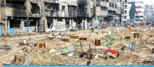  ?? ?? Placards indicate the names of the diceased at a makeshift cemetery, parts of which the Zionist army reportedly bulldozed to exhume bodies, in the eastern Al-Tuffah neighborho­od of Gaza. — AFP photos