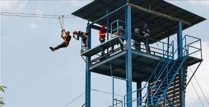  ??  ?? Gliding above the ground on a flying fox was one of the activities at the camp.