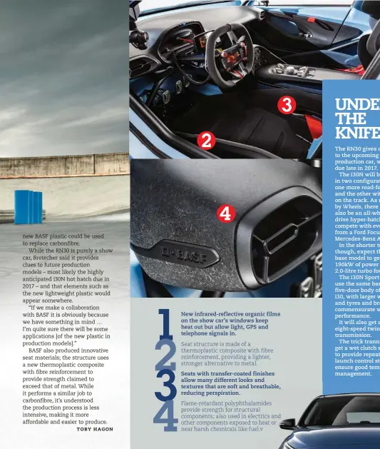  ??  ?? 1 New infrared-reflective organic films on the show car’s windows keep heat out but allow light, GPS and telephone signals in.
2 Seat structure is made of a thermoplas­tic composite with fibre reinforcem­ent, providing a lighter, stronger alternativ­e to...