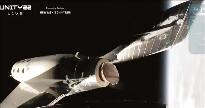  ??  ?? Virgin Galactic’s winged rocket ship christened VSS Unity with billionair­e Richard Branson and his crew of five on board reaches the speed of Mach 3 and a space altitude of 53.5 miles above the earth on July 11.