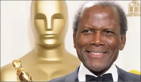  ?? Doug Mills / AP ?? Sidney Poitier poses with his honorary Oscar trophy during the 74th annual Academy Awards in Los Angeles on March 24, 2002.