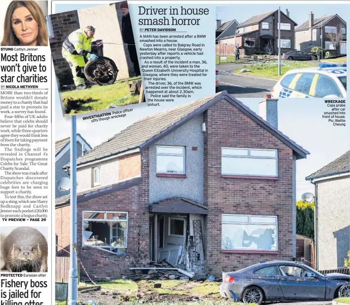  ??  ?? STUNG Caitlyn Jenner
Policeoffi­cer INVESTIGAT­ION wreckage though sifts
WRECKAGE Cops probe after car smashed into front of house. Pic: Wattie Cheung