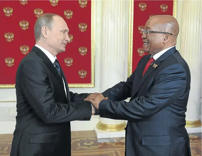  ?? Picture: Reuters ?? DEAL OR NO DEAL Former president Jacob Zuma wanted to sign an expensive nuclear deal with Russian President Vladimir Putin in Moscow in 2015 but his finance minister wouldn’t play ball.