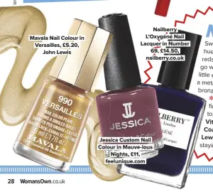  ??  ?? Mavala Nail Colour in Versailles, £5.20, John Lewis Nailberry L’oxygéné Nail Lacquer in Number 69, £14.50, nailberry.co.uk Jessica Custom Nail Colour in Mauve-lous Nights, £11, feelunique.com