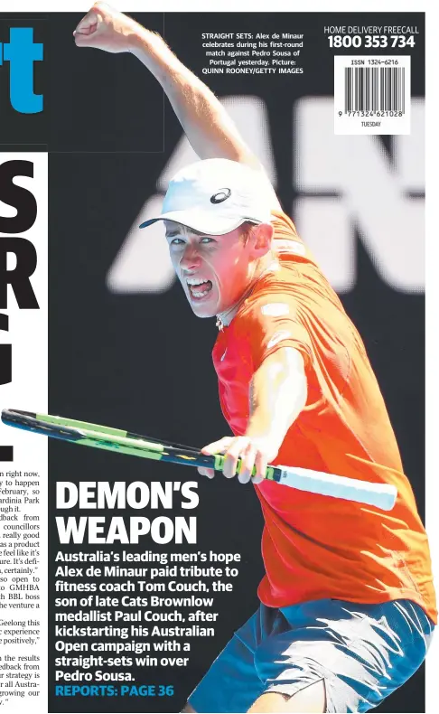  ?? Picture: QUINN ROONEY/GETTY IMAGES ?? STRAIGHT SETS: Alex de Minaur celebrates during his first-round match against Pedro Sousa of Portugal yesterday.