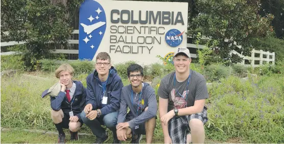  ??  ?? Eric Leclair, Brian Kehrig, Ali Abdulla and Addison Lindemann from the city’s Renart School, at the NASA Columbia Scientific Balloon Facility in Palestine, Texas.