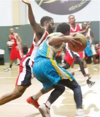  ??  ?? Eko Kings Basketball Club of Lagos and Yaounde Giants of Cameroon players slug it out during their match in the Continenta­l Basketball League in Lagos