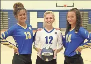  ?? Scott Herpst ?? Seniors Destiny Cavin, Meredith Fowler and Allison WolfeDrive­r will be leaders on and off the court for the Lady Tigers, who are looking to get back to the state tournament.