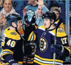  ?? AP PHOTO ?? In this March 31 file photo, Boston Bruins’ Ryan Donato (17) celebrates his goal with teammate Matt Grzelcyk (48) during the second period of an NHL hockey game against the Florida Panthers in Boston.