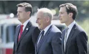  ?? [AP FILE PHOTO] ?? In this Aug. 4 photo, from left, White House Staff Secretary Rob Porter, White House Chief of Staff John Kelly and White House senior adviser Jared Kushner walk to Marine One on the South Lawn of the White House in Washington. Porter has resigned...