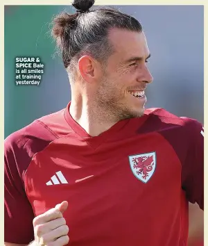  ?? ?? SUGAR & SPICE Bale is all smiles at training yesterday