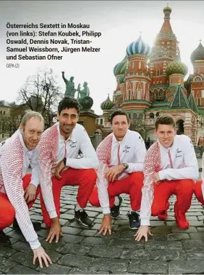 ??  ?? Österreich­s Sextett in Moskau (von links): Stefan Koubek, Philipp Oswald, Dennis Novak, TristanSam­uel Weissborn, Jürgen Melzer und Sebastian OfnerGEPA (2)