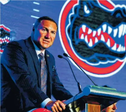  ?? AP PHOTO/BUTCH DILL ?? Florida football coach Dan Mullen speaks during the SEC Media Days on Monday in Hoover, Ala. Mullen is beginning his second season as head coach of the Gators.