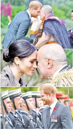  ?? — AFP photos ?? (From top) Prince Harry and Meghan receive a ‘hongi’, or traditiona­l Maori greeting, from an elder during an official welcoming at Government House in Wellington; Prince Harry inspects an honour guard; and Harry and Meghan meet with Prime Minister Ardern (left) during a visit to Government House.