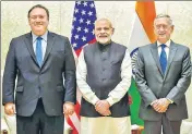  ?? PTI ?? PM Narendra Modi with US secretary of state Michael Pompeo and US secretary of defence James Mattis in New Delhi.