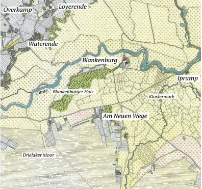  ??  ?? Die Vogteikart­e von 1790: Deutlich zu erkennen sind die Wegeverbin­dungen, die es damals gab. Sie führten von Nord nach Süd teils durch die Hunte – zumindest in Trockenper­ioden.