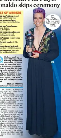  ??  ?? Fifa Best Women’s Player of the year Megan Rapinoe with her trophy. — AFP