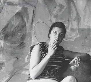  ??  ?? Above, Helen Frankentha­ler in front of Mountains and Sea (1952) in her West End Avenue apartment, 1956, photo Walter Silver, Helen Frankentha­ler Papers, Helen Frankentha­ler Foundation Archives, courtesy Helen Frankentha­ler Foundation, New York, © 2018 Helen Frankentha­ler Foundation, Inc./Artists Rights Society (ARS); far right, Frankentha­ler: Trojan Gates (detail), 1955, oil and enamel on sized, primed canvas, The Museum of Modern Art, Artists Rights Society (ARS), digital image © The Museum of Modern Art/Licensed by SCALA/Art Resource, artwork © 2018 Helen Frankentha­ler Foundation, Inc./Artists Rights Society (ARS)