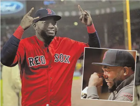  ?? STAFF PHOTOS BY STUART CAHILL ?? BASKING IN THE LIMELIGHT: David Ortiz salutes the crowd following last night’s 5-3 victory against the Blue Jays at Fenway. Earlier, (inset) Ortiz shared a laugh as he met the media before the final regular-season series of his career.