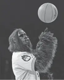  ?? ALEX GOULD/ THE REPUBLIC ?? The Gorilla, the Phoenix Suns mascot, spins a basketball on his finger at Footprint Center in Phoenix on Oct. 14 .