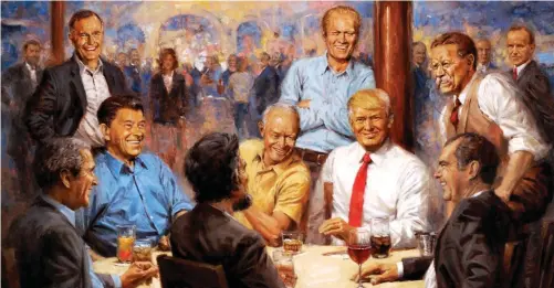  ??  ?? Ale to the chiefs: Presidents, from left, George W Bush, George HW Bush, Ronald Reagan, Abraham Lincoln, Dwight Eisenhower, Gerald Ford, Trump – with cola, Richard Nixon, Teddy Roosevelt, Warren G Harding, Calvin Coolidge
