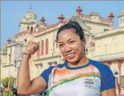  ?? PTI ?? Tokyo Olympics silver medallist Saikhom Mirabai Chanu poses outside NIS, Patiala, on Wednesday.