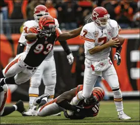  ?? JOHN SOMMERS II / GETTY IMAGES ?? Bengals defensive end Michael Johnson (93) was the team’s third-round pick in 2009. In 2014, he signed a free-agent deal with Tampa Bay. Johnson was cut by the Buccaneers after one season and re-signed with the Bengals.